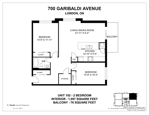 A floor plan for a 2 bedroom apartment at 700 Garibaldi Avenue, London, Ontario.